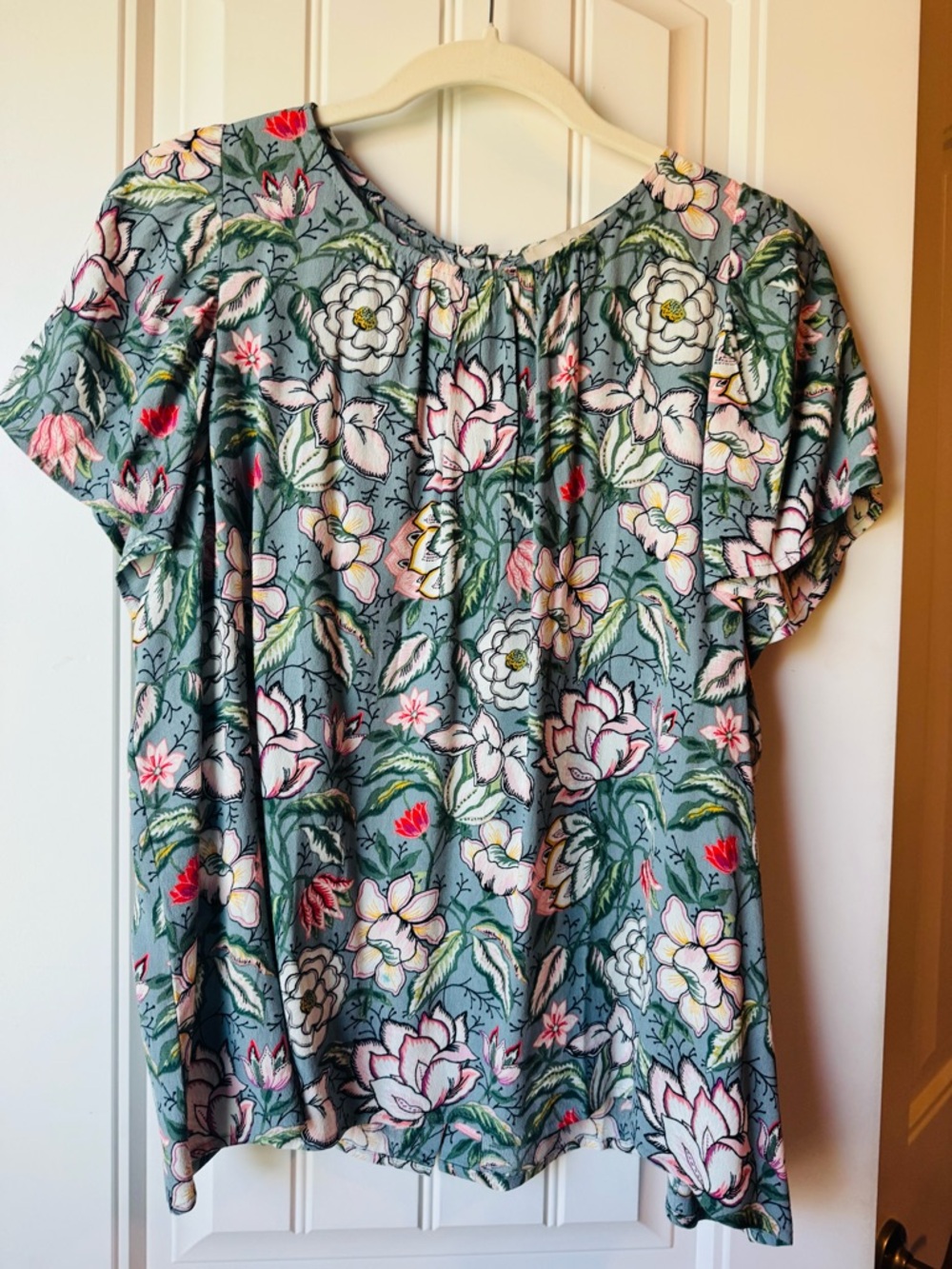LOFT Floral Short Sleeve Top in Sage Green with Pink Accents
